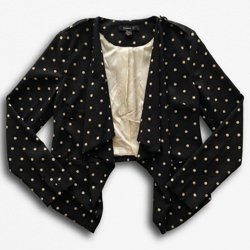 Forever 21 Womens Polka Dot‎ Open Front Waterfall Blazer Jacket Black Small
